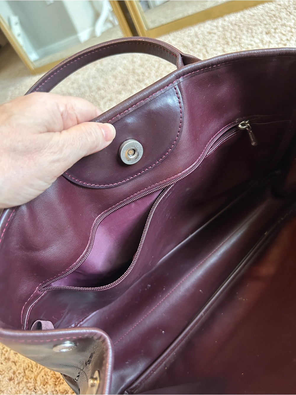 Longchamp Le Roseau Burgundy Brown Leather Handbag Silver Bamboo Clasp Vintage - Picture 10 of 15